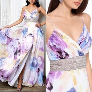 XSCAPE Leilani Floral Embellished Waist Chiffon Dress size 4